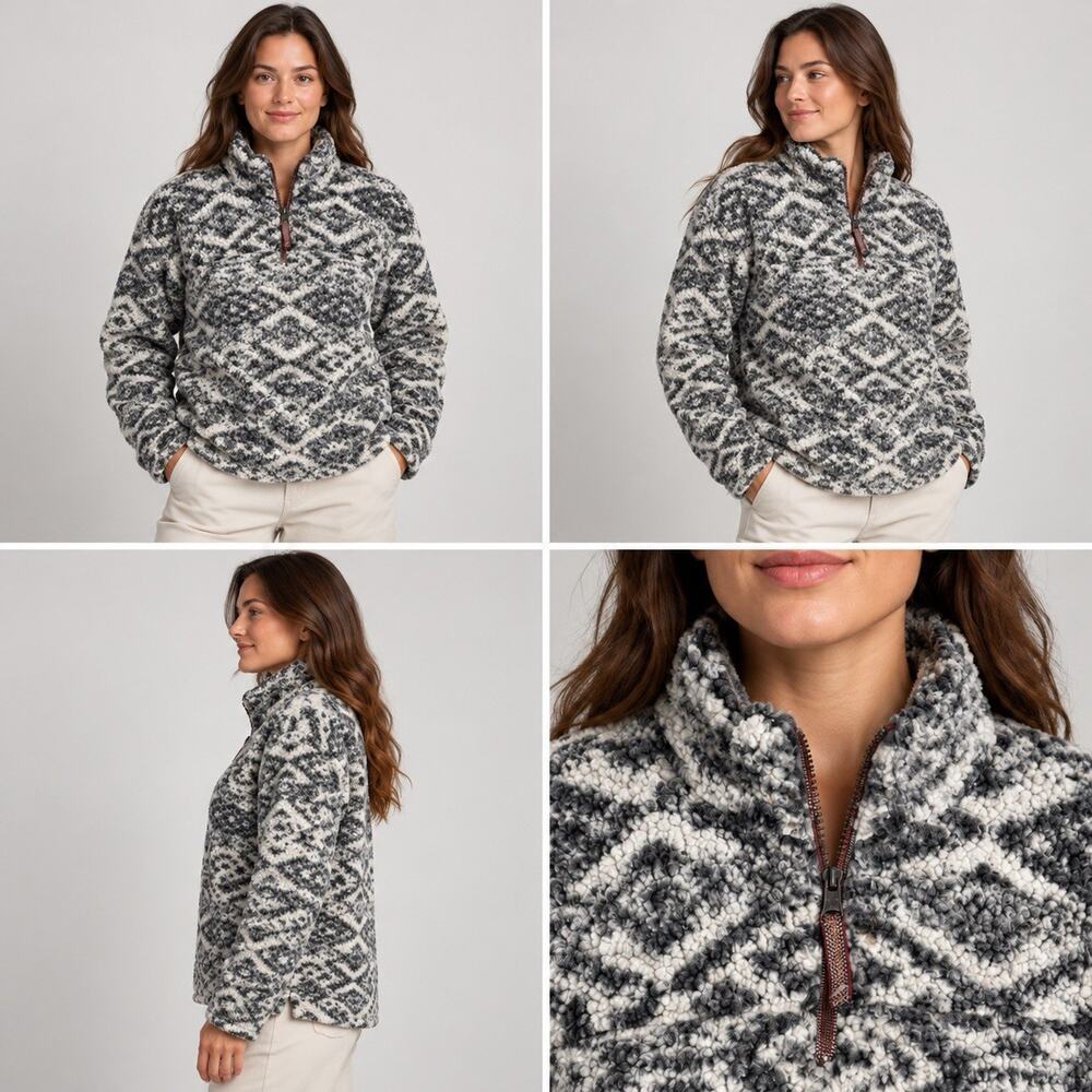 True Grit Sherpa Fleece Pullover M Gray Cream Geometric Quarter Zip